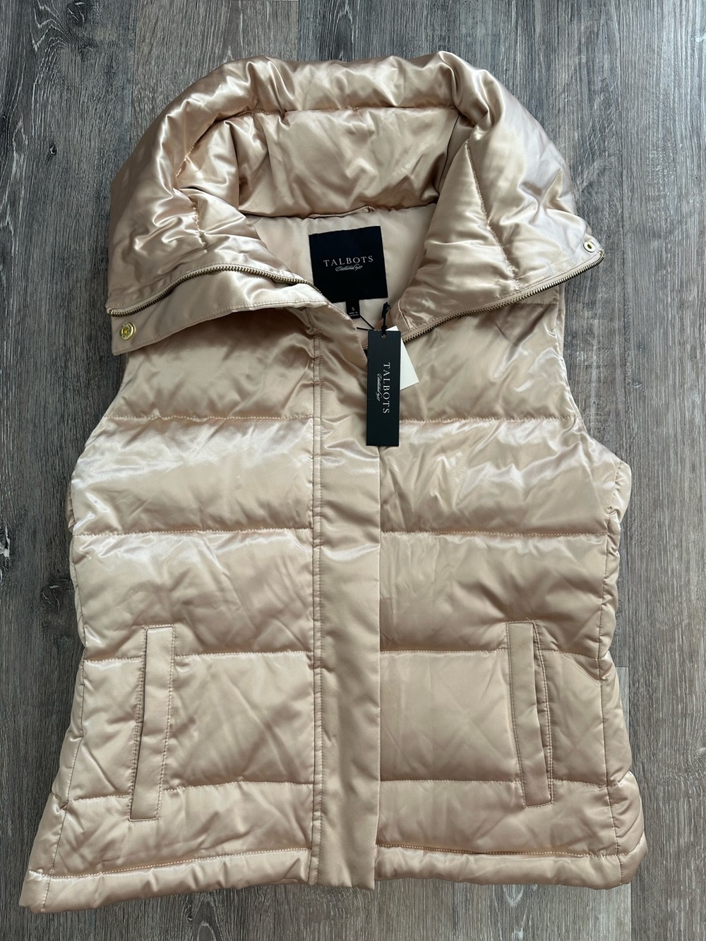 NWT Talbots Down Puffer Vest Size S Champagne Gold Metallic Quilted Satin Chic